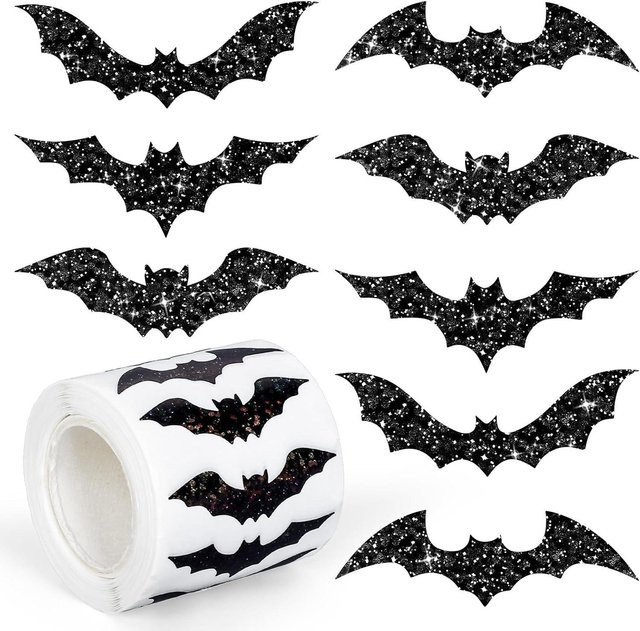 500 Stück Halloween Fledermaus Aufkleber von Binchi Outdoor Product, schwarz, wasserfeste Glitzer-Laser-Aufkleber für deine Party - Bild 1