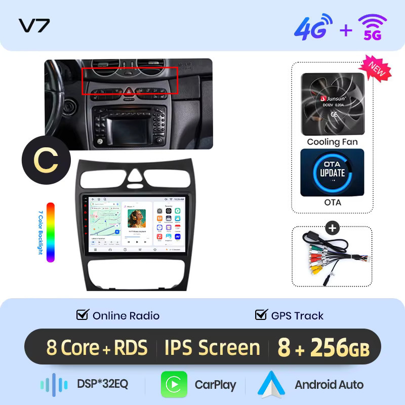 Junsun Wireless CarPlay und Android Auto Autoradio für Mercedes-Benz C-Klasse W203 und CLK-Klasse C209/A209, Multimedia-Player mit GPS, WiFi und DSP in Schwarz - Bild 5