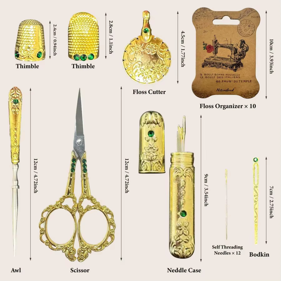 NOTIONSLAND Vintage Nähset im europäischen Stil mit goldener Aufbewahrungsbox für Stickerei-Werkzeuge, Nadeln und Schere - Bild 2