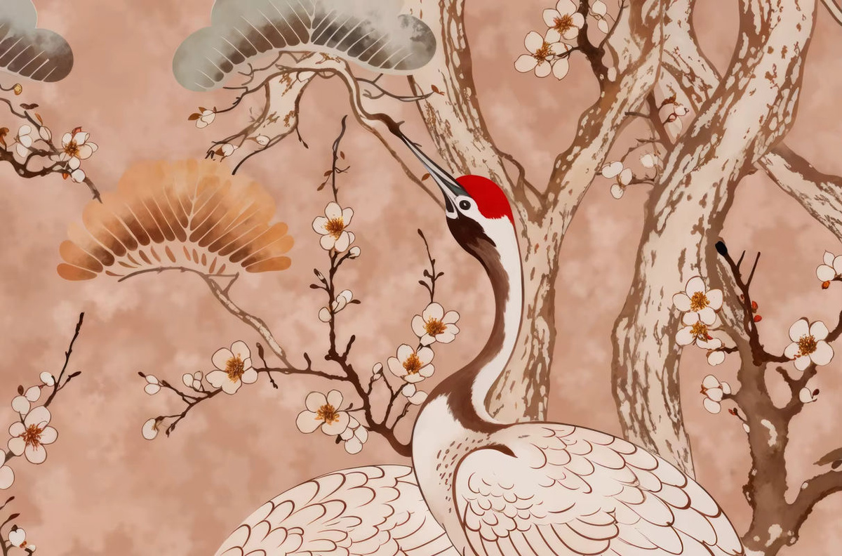 Elegante Wandtapete mit Pflaumenblüten, Vögeln, Kiefern und Kranichen im orientalischen 3D-Design zur Raumdekoration - Bild 2