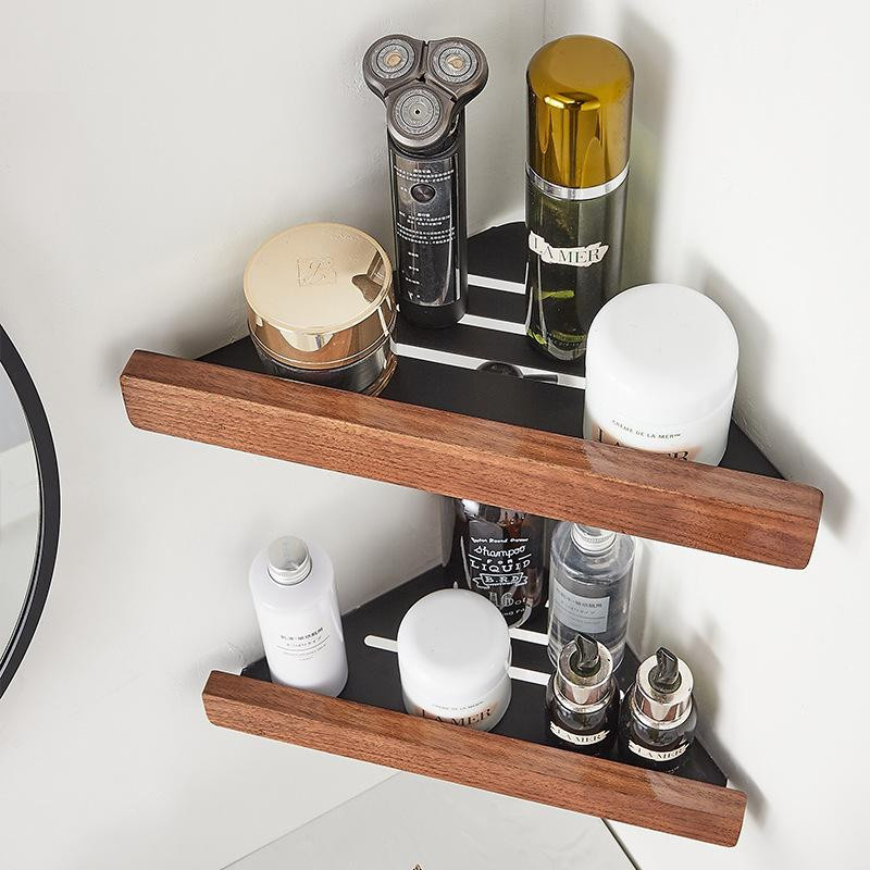 Eckregal aus Massivholz Buche für das Badezimmer, Wandmontage, Braun, lackiert - Bild 2