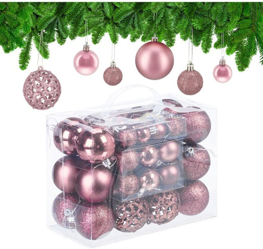 Relaxdays Weihnachtskugeln 50er Set in Rosa, Glitzernd, Matt und Glänzend aus Kunststoff, Durchmesser: 3 cm, 4 cm und 6 cm - Bild 1