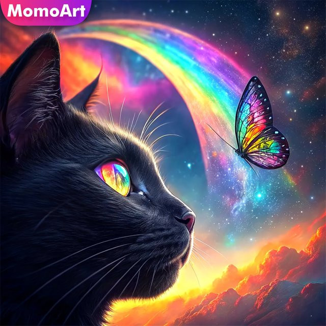 Momoart Diamant-Gemälde DIY Mosaik mit schwarzer Katze und Schmetterling in Schwarz und Multicolour, B/H: 20 x 20 cm - Bild 1