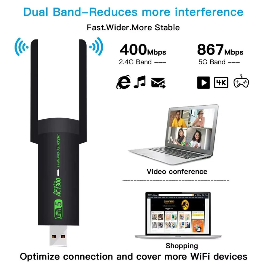Dtvane WiFi-USB-Adapter Dualband 1300 Mbit/s 2,4 GHz/5 GHz WLAN-Dongle Schwarz - Bild 3