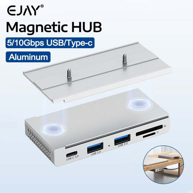 EJAY Magnetischer USB-Hub Schreibtisch mit USB-C und USB-A Anschlüssen, USB 3.1 Splitter-Adapter für Hochgeschwindigkeits-Datenübertragung, Schwarz - Bild 1
