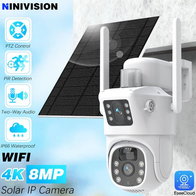NINIVISION Solar Kamera Outdoor mit 4K 8MP Dual Screen, Dual Objektiv, 2,4G & 5G WiFi PTZ, PIR Erkennung, Weiß - Bild 1