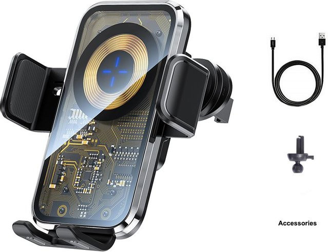 Essager Drahtlose Auto-Ladehalterung mit 15W Qi Schnellladefunktion, Transparent Grau, für iPhone 14/13/12 und andere Smartphones, Luftauslass-Halterung mit 360 Grad Rotation und USB-C Anschluss - Bild 1