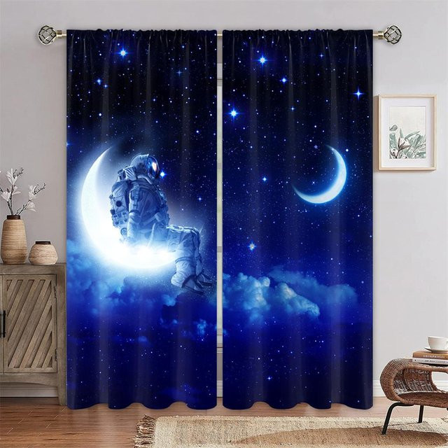Zweiteiliger Vorhang mit Astronauten-Sternenhimmel-Motiv in Blau, Digitaldruck aus Polyester, B: 50 cm, H: 130 cm pro Teil - Bild 1