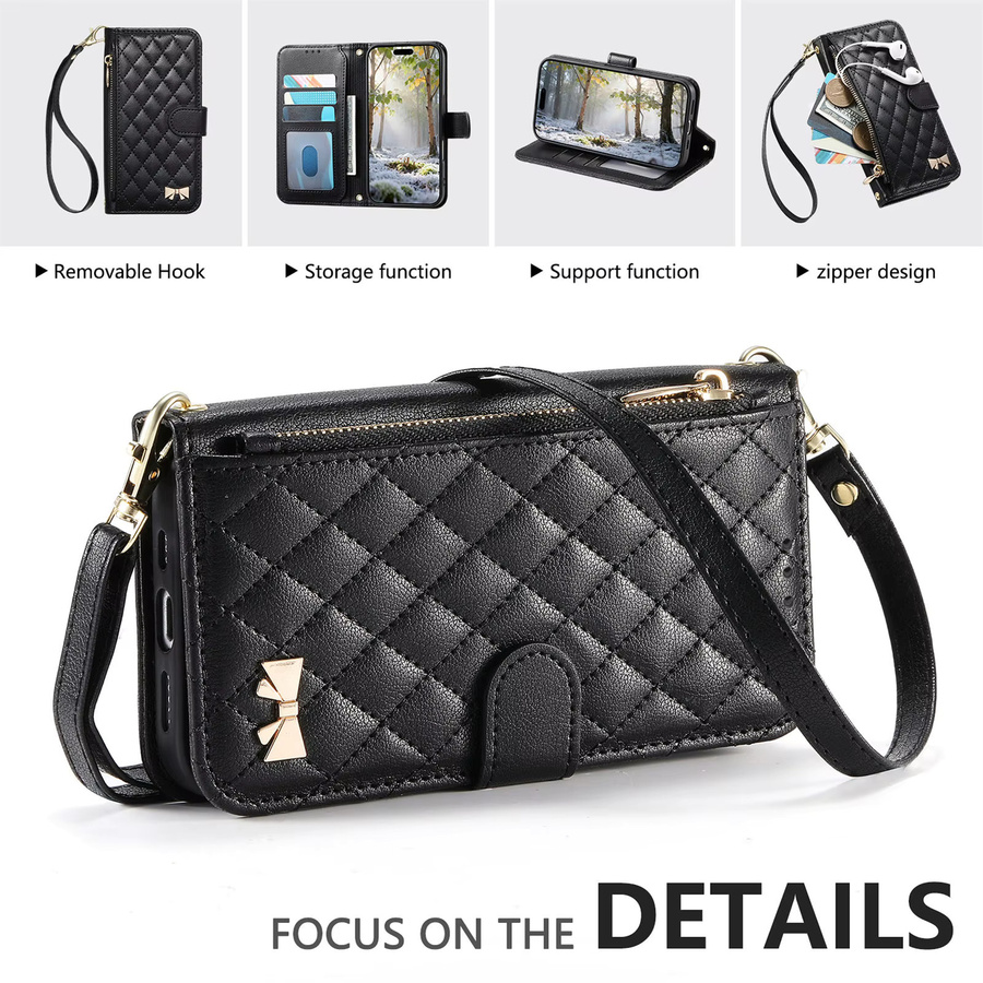 Crossbody Flip Wallet aus PU-Leder mit Reißverschluss und Handgelenksschlaufe als Handyhülle für Apple iPhone, Farbe: Schwarz - Bild 6