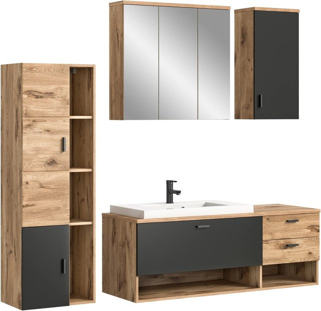 Badezimmer-Set xonox.home GRADO in Eiche Nox Oak Nachbildung, 5-tlg. mit Waschbecken, Spiegelschrank, Midischrank und Hängeschrank, B/H/T: 203 x 192 x 48 cm - Bild 1