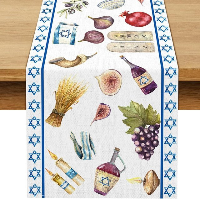 JMG Household Supplies Leinen Tischläufer für Rosh Hashanah in Weiß, B/H: 33 x 150 cm - Bild 1