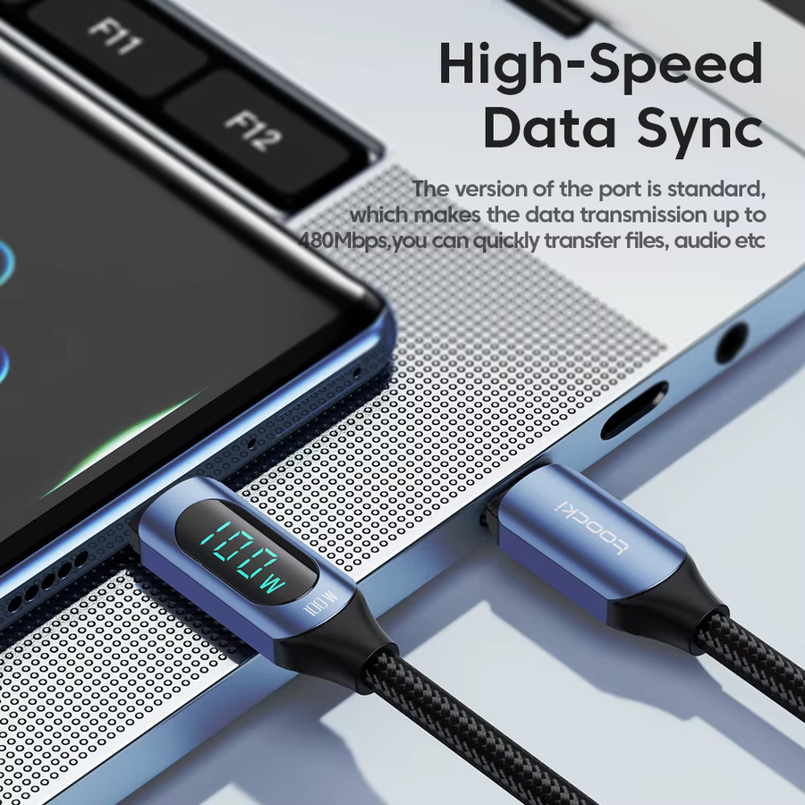 Toocki USB-C auf USB-C Ladekabel mit 100W PD Schnellladefunktion und Display in Blau - Bild 5