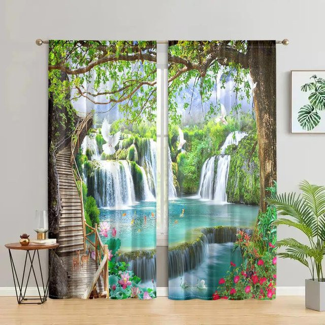 2er-Set Naturlandschaft Wasserfall Vorhänge von Household supplies MH, halbtransparent, modern, Mehrfarbig, B: 150 cm, H: 166 cm - Bild 1