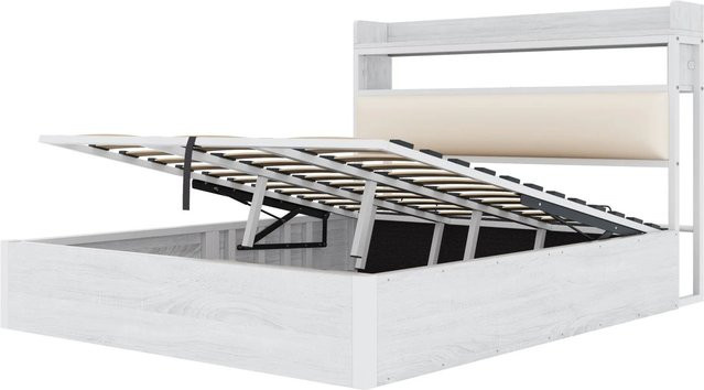 okwish Bettrahmen mit Stauraum und Lift-up-Funktion in Weiß, B/T/H: 180 x 200 x 40 cm (Liegefläche) bzw. Gesamtmaße: 218,5 x 180 x 184 cm - Bild 1