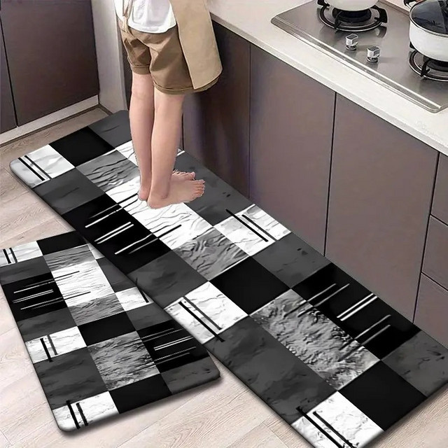 VIKAMA Küchenbodenmatte im Checkerboard-Design, schwarz-weiß, rutschfest und waschbar - Bild 1