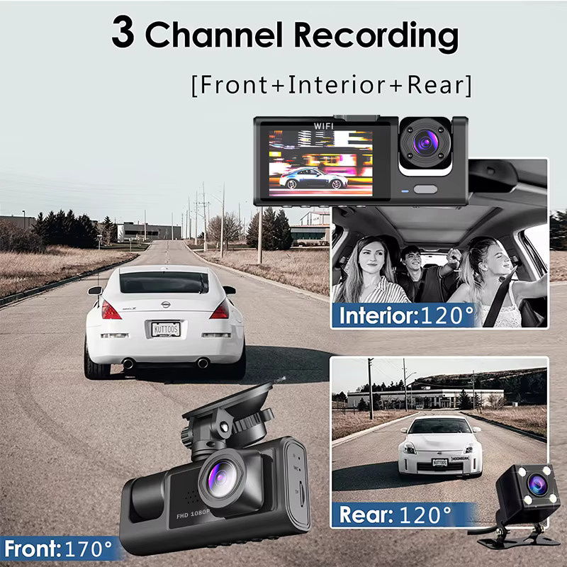 MYOLSD 3-Kanal Dashcam mit Full HD 1080P und WIFI, Mini Auto DVR Recorder für Innen- und Außenbereich, Schwarz - Bild 4