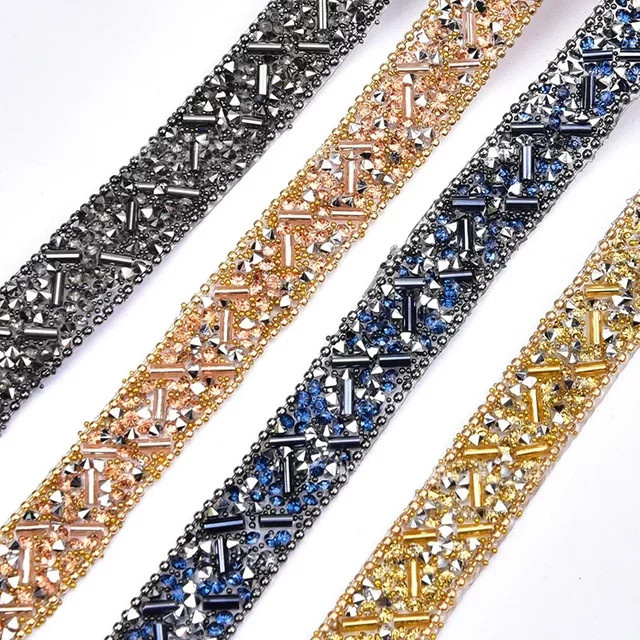 Strassbesatz mit geometrischen Kristallbändern aus Glas in Gelb, 1 Yard Band für DIY Kleidung und Dekorationen - Bild 1