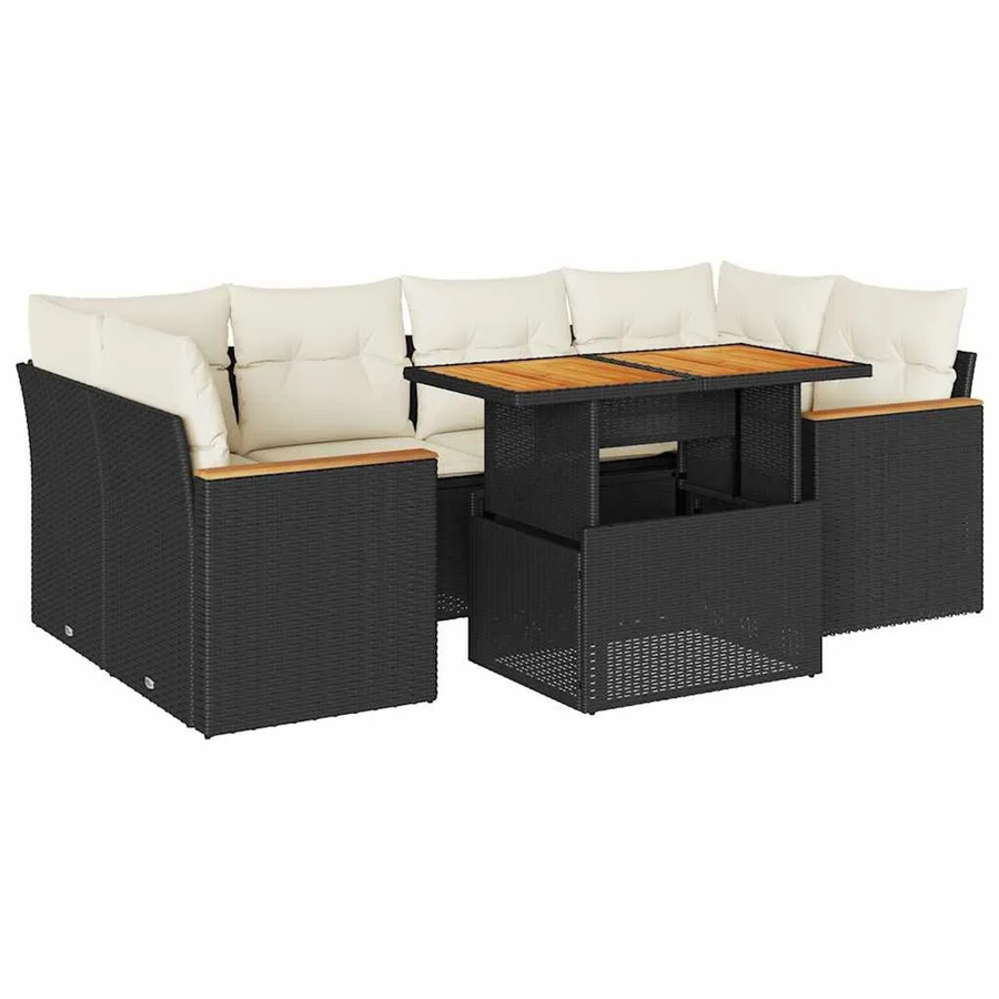 vidaXL 6-teilige Garten-Sofagarnitur aus Poly-Rattan und Akazienholz in Schwarz-Creme mit UV-beständigen Kissen - Bild 2