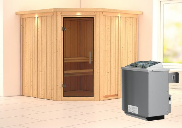 Karibu Sauna Jorma aus Fichte mit 9,0 kW Ofen, integrierter Steuerung, LED-Dachkranz und Ganzglastür in Graphit, B/T/H: 196 x 196 x 210 cm - Bild 1