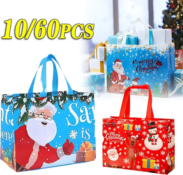 Weihnachtsgeschenktüten mit Santa, Elch und Schneeflocken Motiv, rote wasserdichte Vliesbeutel für Kinder, B: 32 cm, H: 32 cm, T: 10 cm - Bild 1