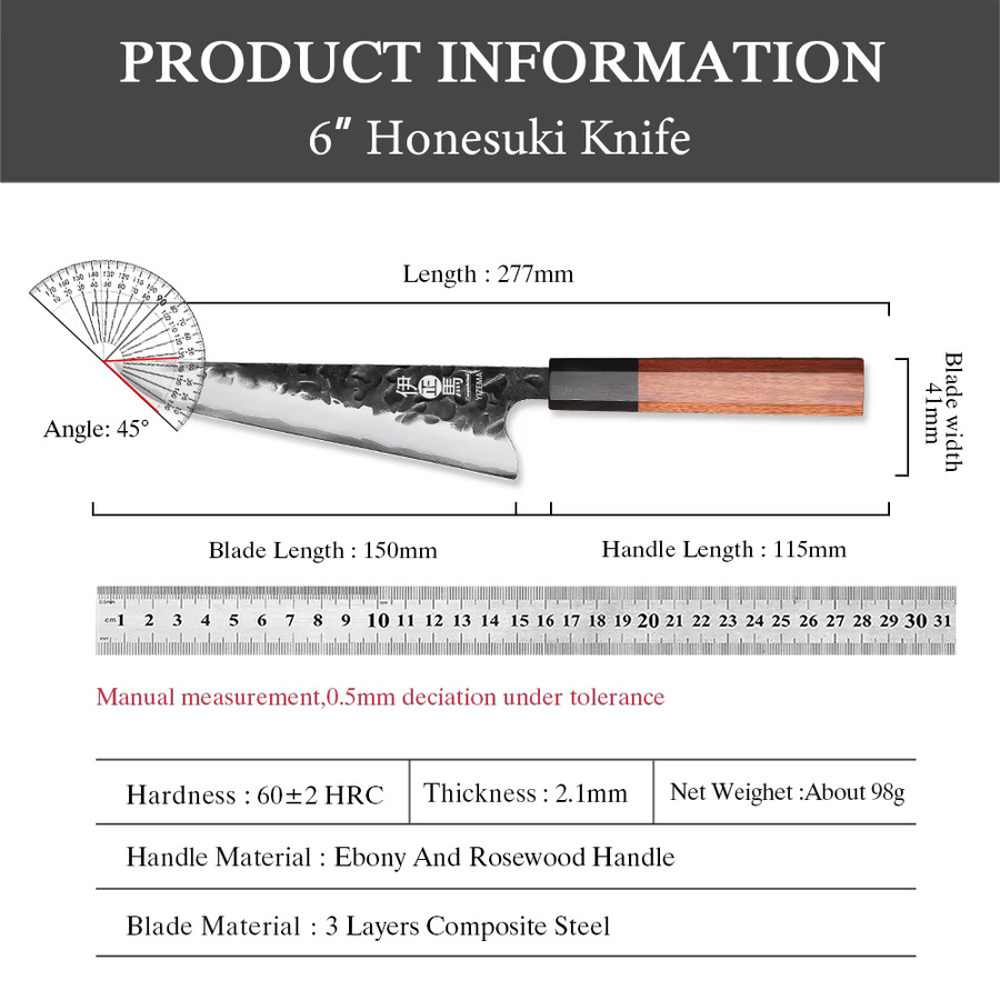 YIZEMA Honesuki Allzweckmesser aus 3-lagigem Verbundstahl, japanisches Kochmesser für Sashimi und Fleisch, Silber, Länge: 15,2 cm - Bild 6