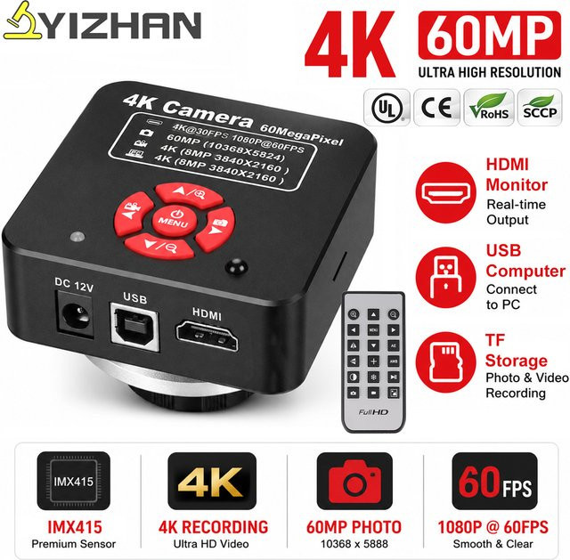 YIZHAN Industriemikroskopkamera 4K 60MP mit IMX415 Sensor, HDMI und USB, Schwarz, inklusive Windows-Messsoftware und Fernbedienung für Trinokularmikroskope, PCB-Reparatur und Elektronikinspektion - Bild 1