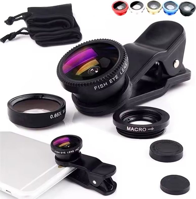 Maerknon 3in1 Kamera Objektiv Set mit Fisheye Weitwinkel und Makro Linse für iPhone, Xiaomi, Redmi und Huawei in Schwarz - Bild 1