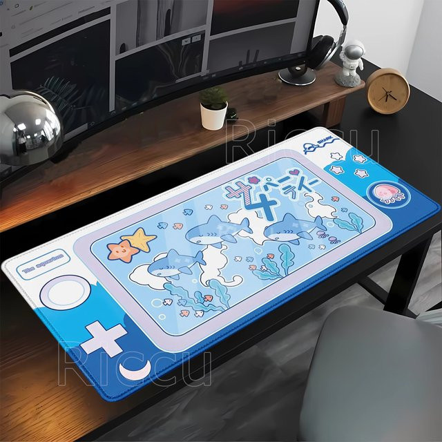 Eenehana Gaming-Mauspad XXL mit niedlichem Cartoon-Hai in Sky Blue, rutschfeste Schreibtischunterlage für Laptop und Büro - Bild 1