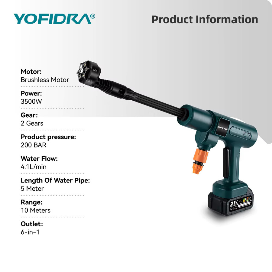 YOFIDRA Bürstenloser Elektrischer Hochdruck-Wassersprühkopf 6-in-1 Autoreiniger für Makita LXT Akku, 3500W und 200Bar - Bild 2