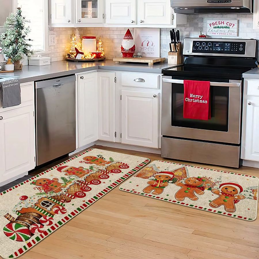 VIKAMA 2-teiliges Set Weihnachts-Teppiche im Lebkuchenmann- und Zuckerstangen-Design für Küche, Flur und Waschraum - Bild 2