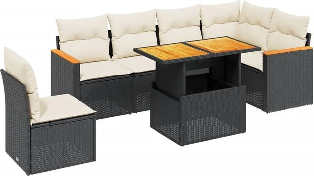 vidaXL 7-teilige Garten-Sofagarnitur in L-Form aus schwarzem Poly-Rattan mit Kissen und Akazienholz - Bild 1