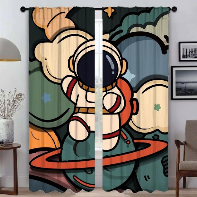 Zweiteiliges Set Fenstervorhang mit Astronauten-Druck und Sternen-Motiv, halbtransparent, Mehrfarbig, B: 50 cm, H: 70 cm - Bild 1