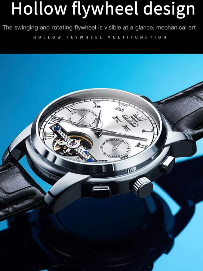 OLEVS Herrenuhr, Automatik, Edelstahl, Leder, Weiß, Analoguhr - Bild 7