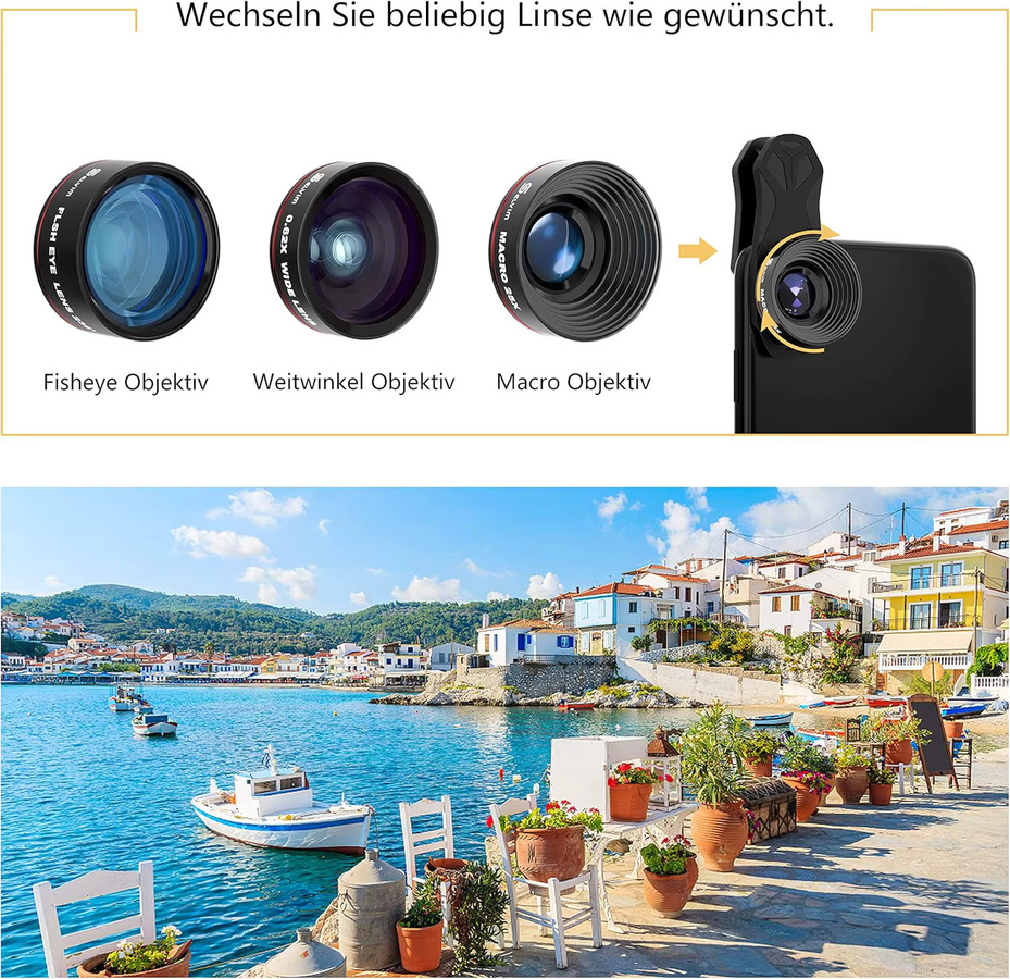 Handy Kamera Objektiv Set in Schwarz mit 0,62X Weitwinkel, +25X Makro, 235° Fischaugenlinse und Mosaik Effekt Linse inklusive Universal Halterung für Smartphones und Tablets - Bild 3