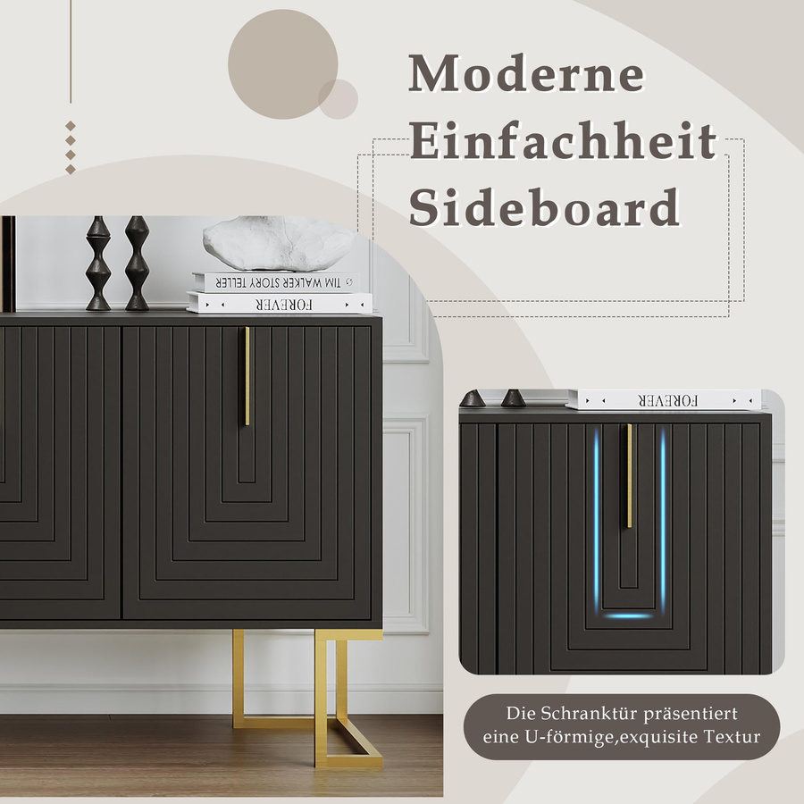 Flieks Sideboard Kommode mit 3 Türen in Schwarz, moderner Buffetschrank mit verstellbaren Ablagen, B/T/H: 138 x 40 x 80,5 cm - Bild 6