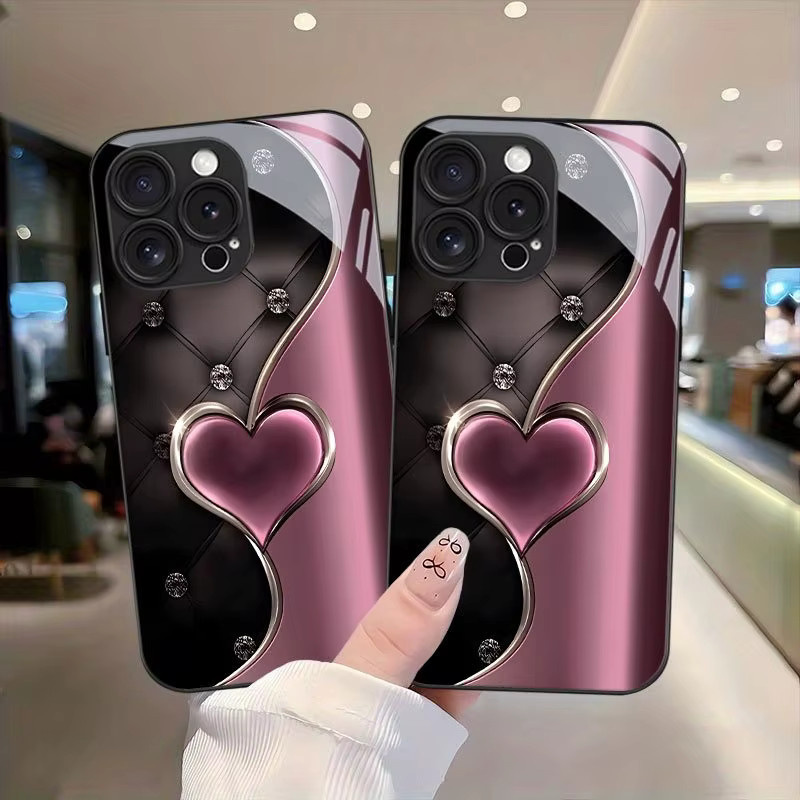 Stoßfeste Handyhülle aus gehärtetem Glas mit rosa Herzchen-Muster für Samsung Galaxy S26 S25 S24 S23 Ultra Plus FE in Schwarz - Bild 3