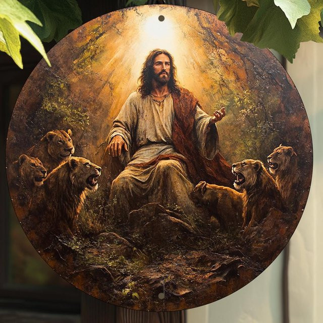 Potdemiel Rundes Metallschild im Vintage-Stil mit Jesus im Löwen-Den-Motiv, Durchmesser: 20 cm, Mehrfarbig - Bild 1