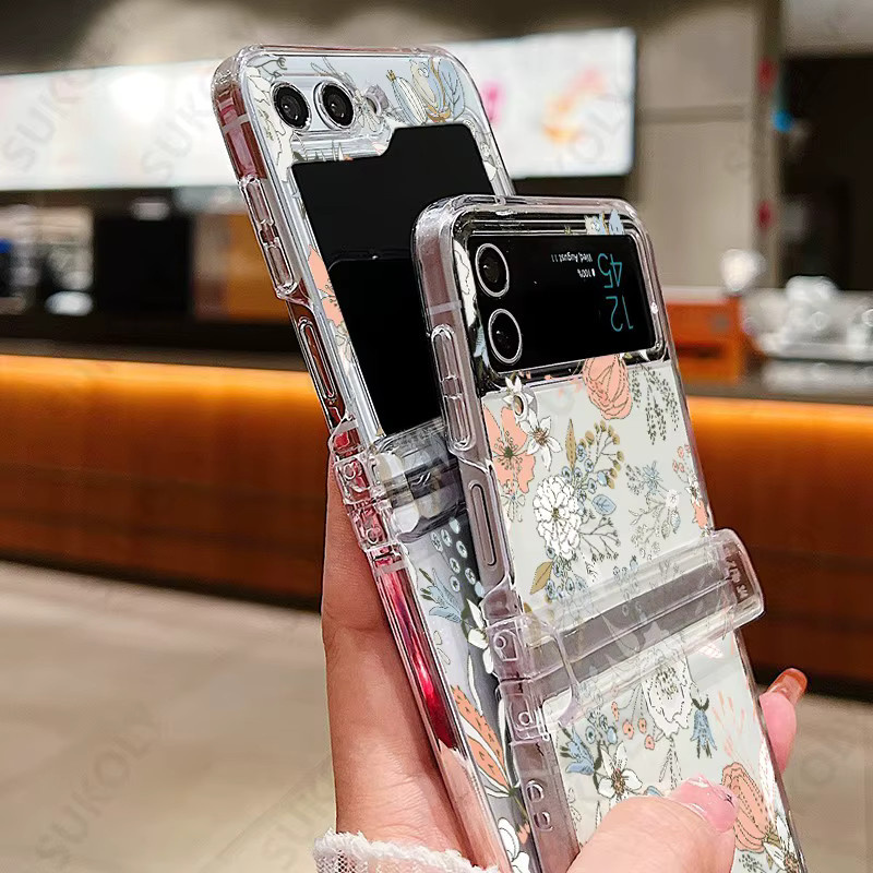 Stoßfeste Hardcover Schutzhülle mit Blumenmuster für Samsung Galaxy Z Flip 5 und Z Flip 4 in Transparent - Bild 2