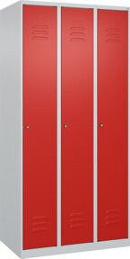 C+P Spind Classic PLUS Garderobenschrank mit 3 Abteilen, Zylinderschloss, 4 Garderobenhaken und mittiger Trennwand, Farbe: Grau/Rot, H x B x T: 185 x 90 x 50 cm - Bild 1