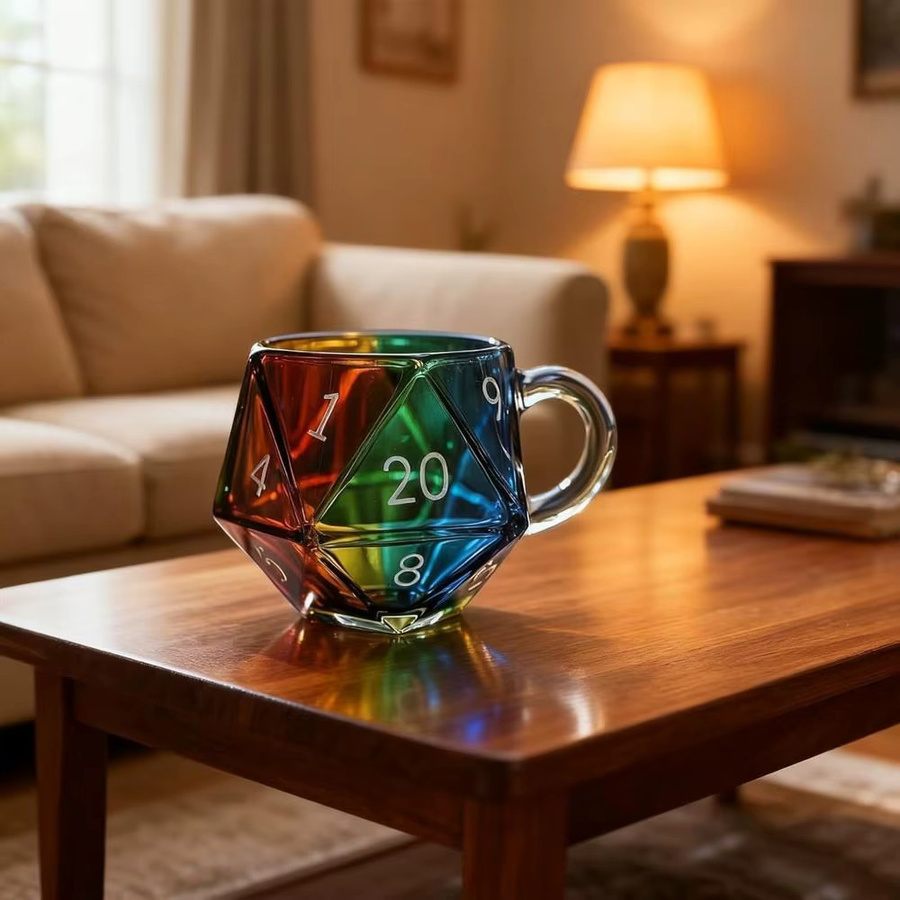 KECTTIO Regenbogen Glasbecher in geometrischer D20-Würfelform mit Griff, transparenter polyedrischer Kaffeetasse in Multicolour und Blau - Bild 2