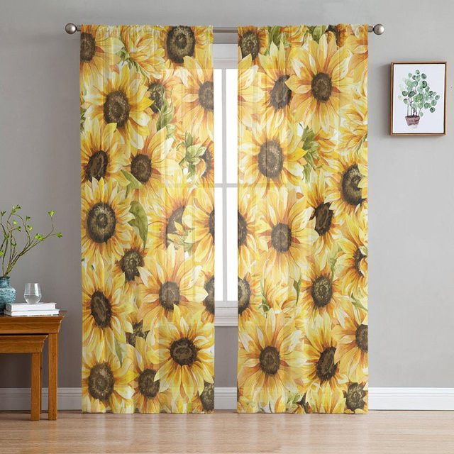 Transparente Sonnenblumen Aquarell Vorhänge aus Tüll und Organza in Beige und Gelb, Breite: 135 cm, Höhe: 115 cm - Bild 1