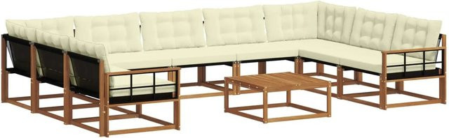 vidaXL Outdoor-Sofagarnitur aus massivem Akazienholz mit Textilene und Kissen, 10-teiliges Set, Natur und Creme - Bild 1