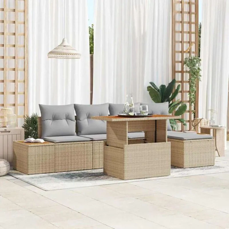 vidaxl Gartenmöbel-Set aus Polyrattan mit Polyester-Polstern in Beige und Grau, 6-teiliges Garten Sofa Set - Bild 1