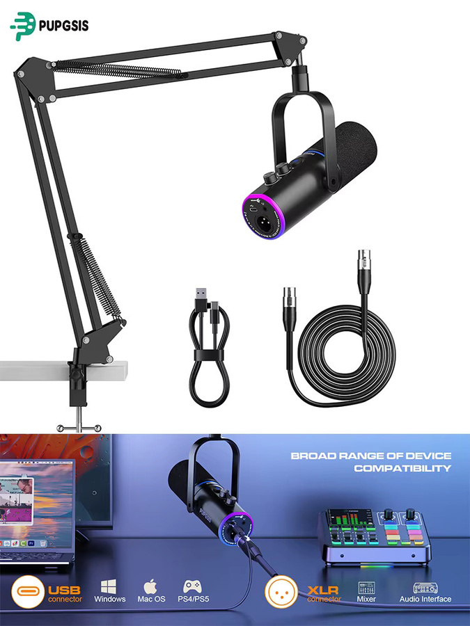 ORTIZAN XLR/USB Gaming-Mikrofon-Set mit Mikrofonarm, dynamisches RGB Computermikrofon in Schwarz für Streaming und Podcasting - Bild 4