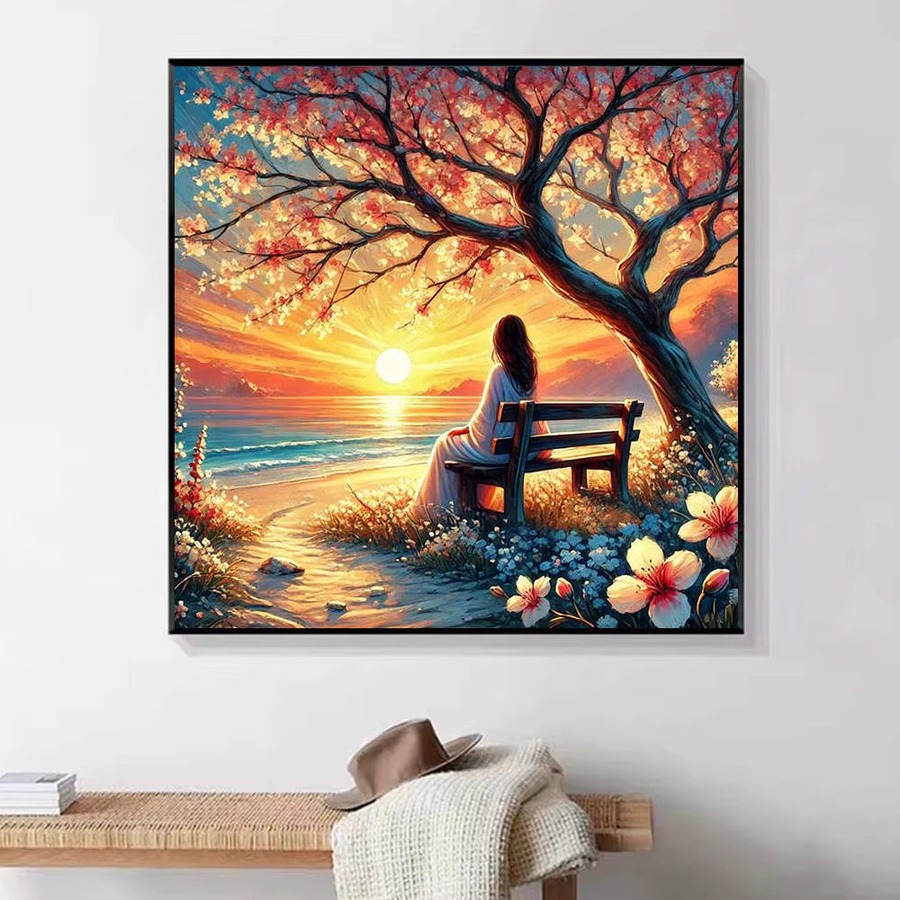 HUACAN Diamant-Malerei Set Friedlicher Sonnenuntergang mit Frau, 5D Diamant-Stickerei und 3D-Mosaik-Kunst-Dekor aus Acryl, B/H: 20 x 20 cm - Bild 4