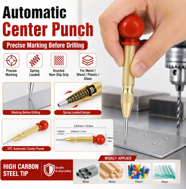 5-Zoll Automatischer Zentrierpunktanschlagstift mit Feder und Dämpfungskappe in Gold für Metall, Holz, Glas und Kunststoff - Bild 1