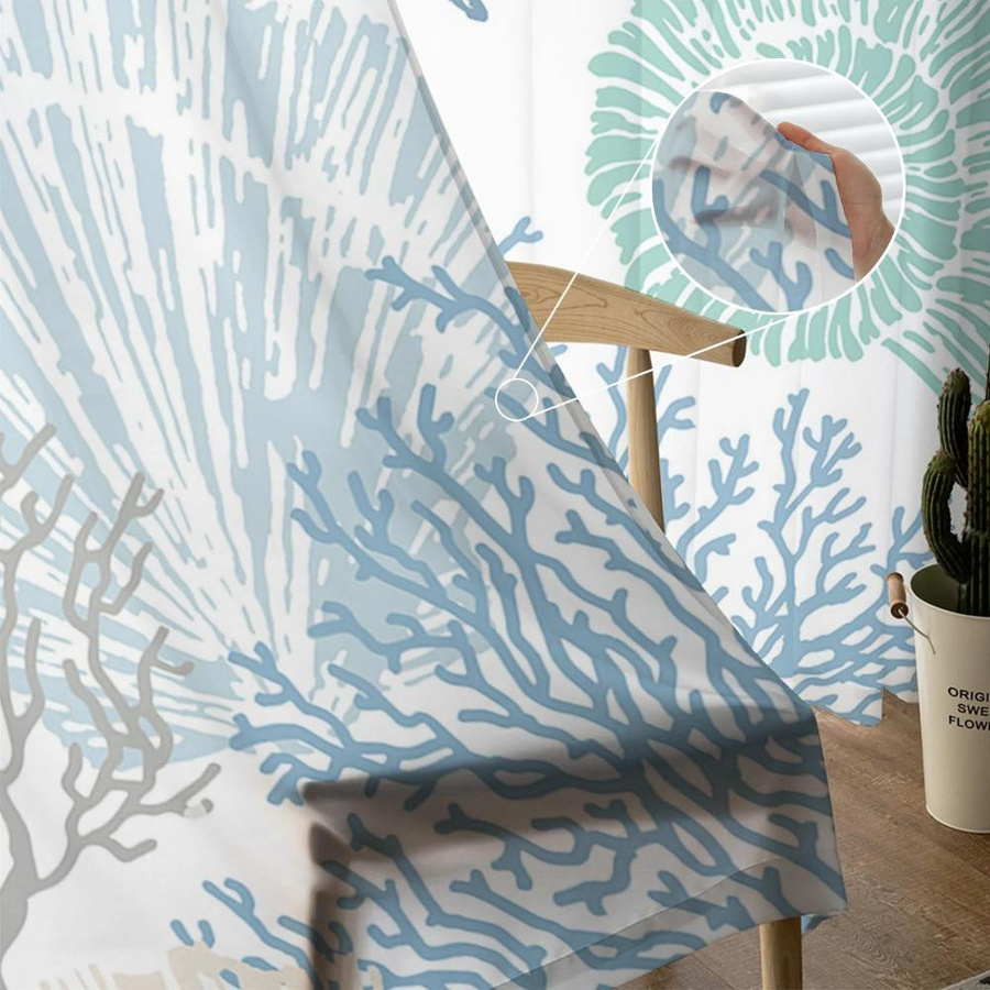 Yiran Furniture Transparente Tüll Vorhänge mit Marine-Motiv in Blau, B: 135 cm, H: 115 cm - Bild 2