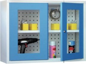 Bedrunka+Hirth Wandhängeschrank in Blau mit 2 Sichtfenster Türen und gelochter Rückwand, B/T/H: 80 x 30 x 60 cm