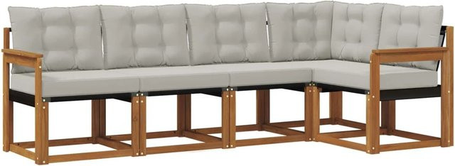 vidaXL Outdoor-Sofagarnitur 5-teilig L-Form aus Akazienholz mit Textilene und Kissen in Natur und Hellgrau - Bild 1
