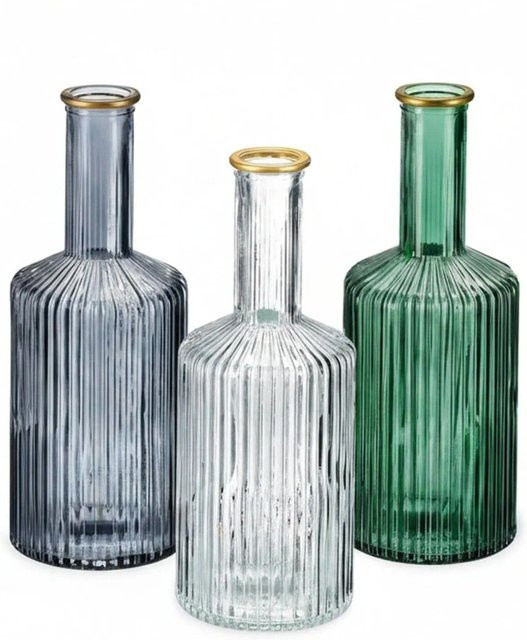 Relaxdays 3er Set Glasvasen im Boho-Stil mit Rillen in Grün, Blau und Gold, Höhe: 20,5 cm, Breite: 8 cm - Bild 1